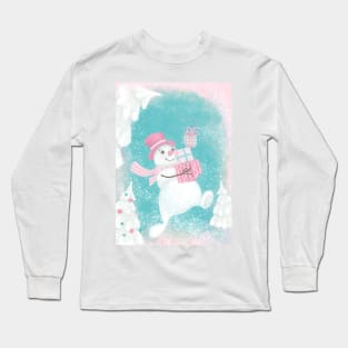 Cute Christmas Snowman Pink and Mint Long Sleeve T-Shirt